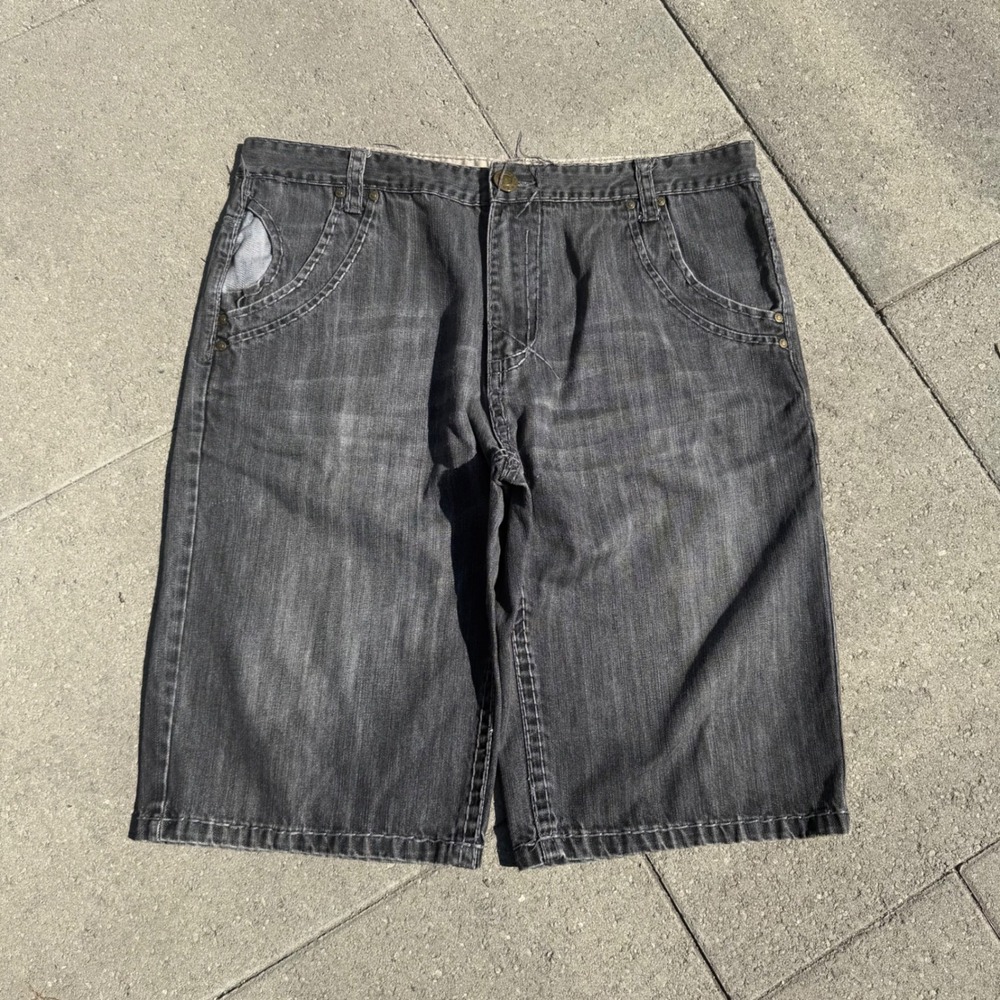 Kanji Mens Baggy Denim Shorts Black Faded Y2K Skater Embroidered Size 40